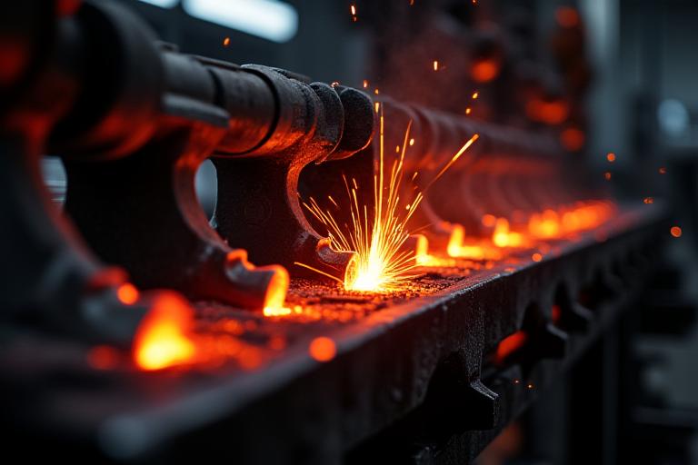 Image of a high-performance racing component being precision forged with sparks flying